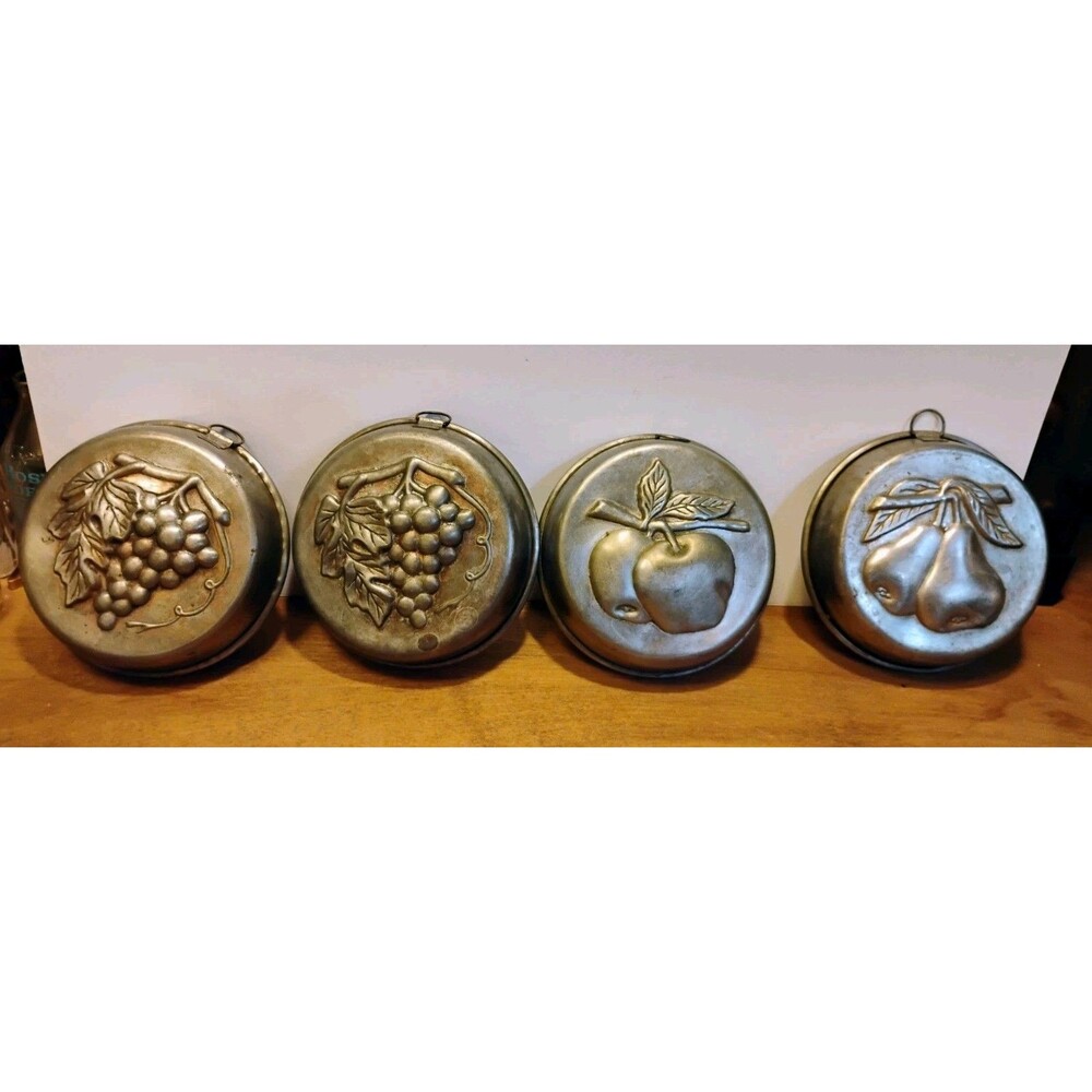 Vintage Metal Fruit Cake Molds Set of 4 Apple Grapes Primitive Rustic Wall Decor